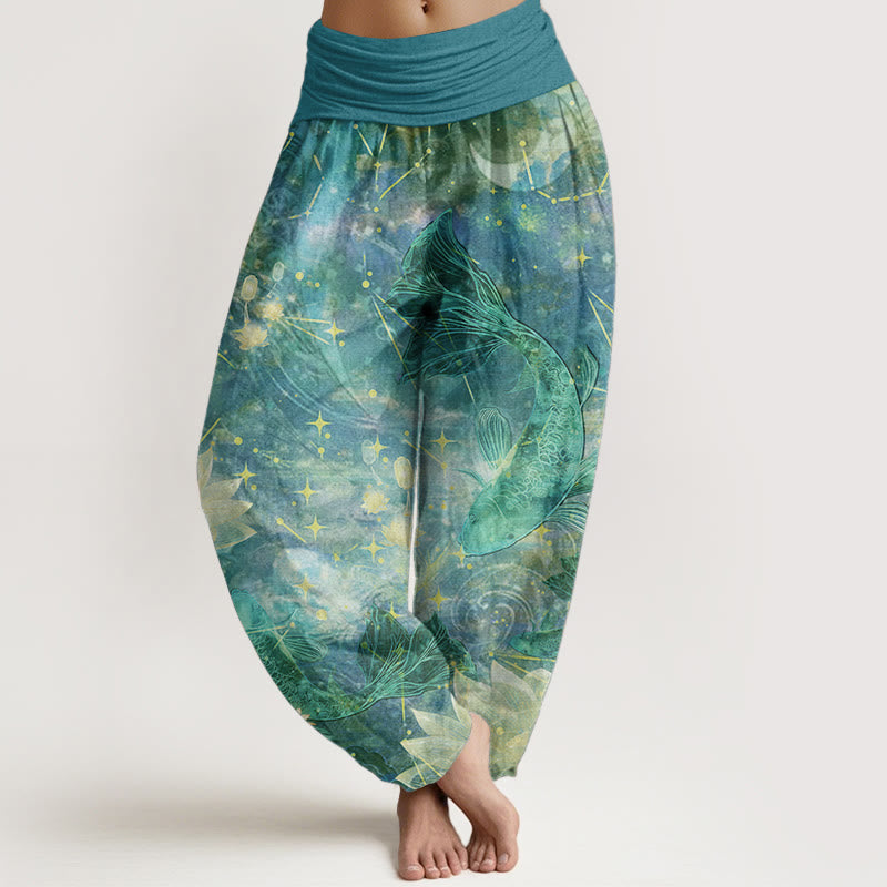 Pantalones Buddha Stones de algodón puro con estampado de peces koi, loto, luna y estrellas para mujer, con cintura elástica