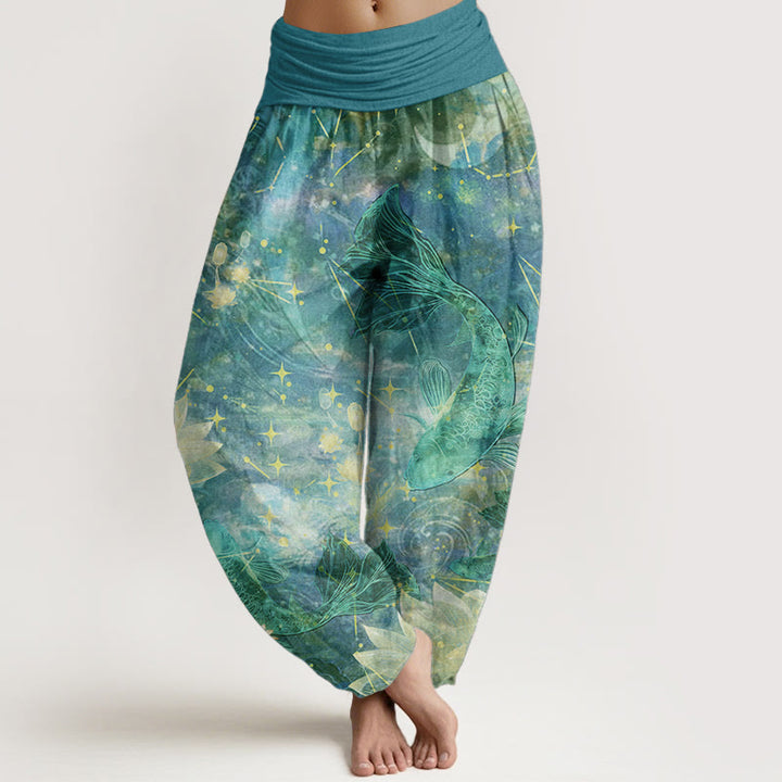 Pantalones Buddha Stones de algodón puro con estampado de peces koi, loto, luna y estrellas para mujer, con cintura elástica