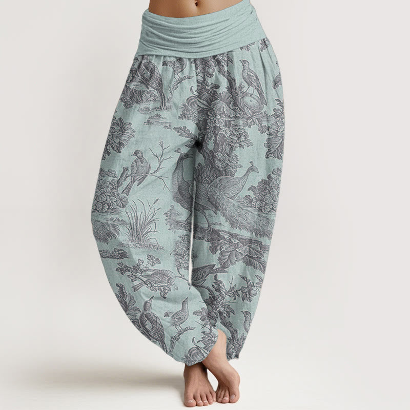 Pantalones Buddha Stones de algodón puro con diseño de pájaros, ramas y árboles para mujer, con cintura elástica - Azul claro - US22，UK/AU26，EU54 (6XL) - image 5