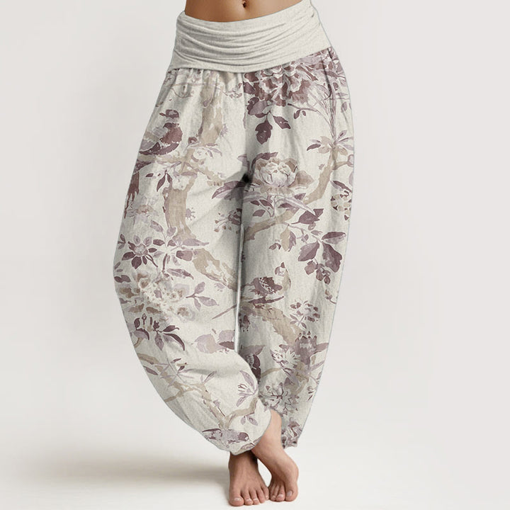 Pantalones harén de algodón puro con diseño de pájaros , ramas y flores para mujer, con cintura elástica