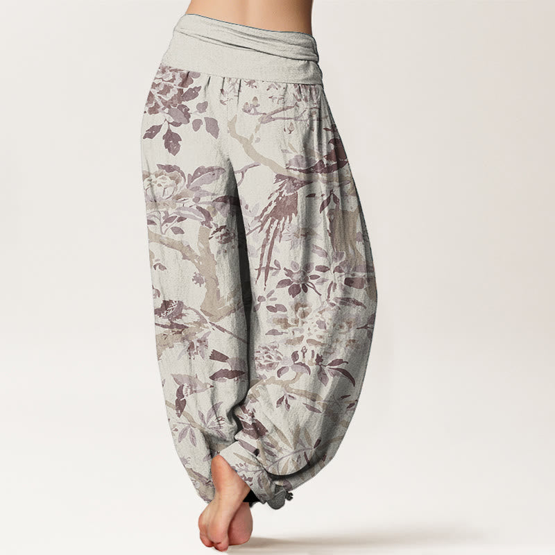 Pantalones harén de algodón puro con diseño de pájaros , ramas y flores para mujer, con cintura elástica