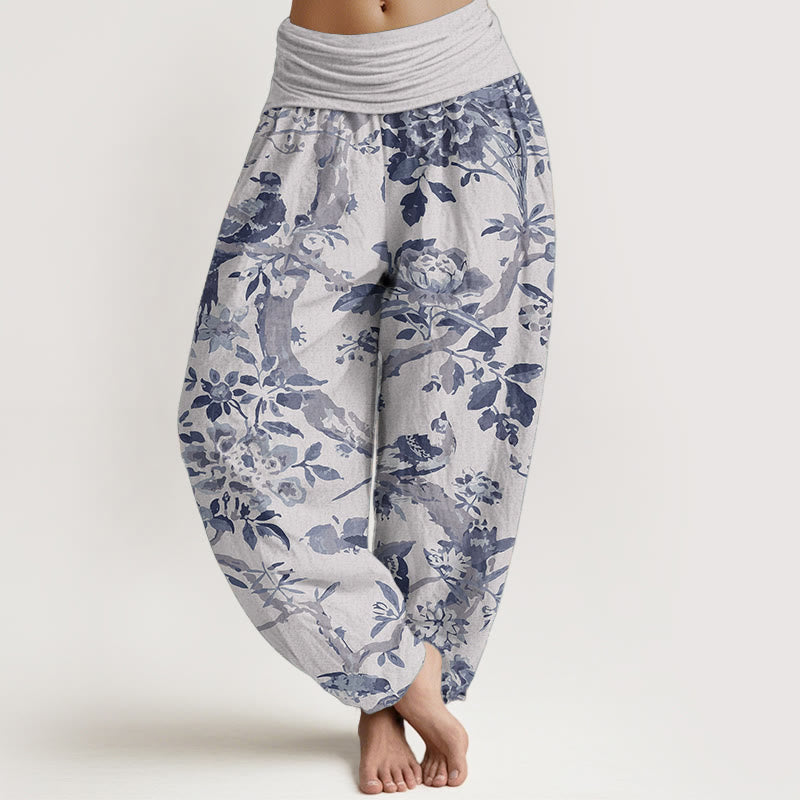 Pantalones harén de algodón puro con diseño de pájaros , ramas y flores para mujer, con cintura elástica