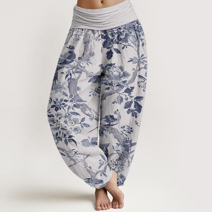 Pantalones harén de algodón puro con diseño de pájaros , ramas y flores para mujer, con cintura elástica