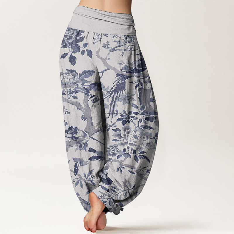 Pantalones harén de algodón puro con diseño de pájaros , ramas y flores para mujer, con cintura elástica