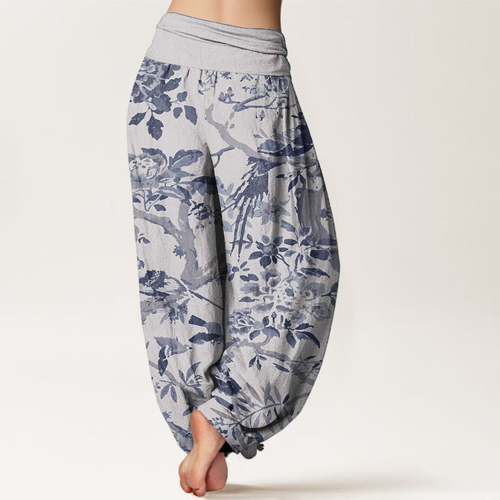 Pantalones harén de algodón puro con diseño de pájaros , ramas y flores para mujer, con cintura elástica