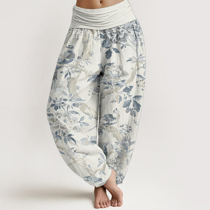 Pantalones harén de algodón puro con diseño de pájaros , ramas y flores para mujer, con cintura elástica