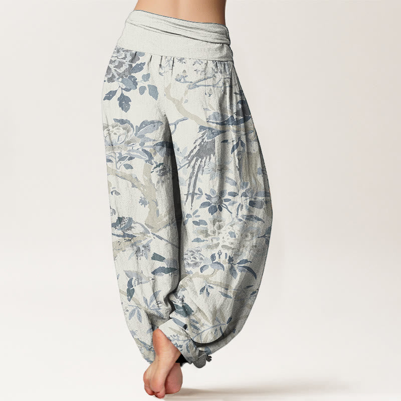 Pantalones harén de algodón puro con diseño de pájaros , ramas y flores para mujer, con cintura elástica
