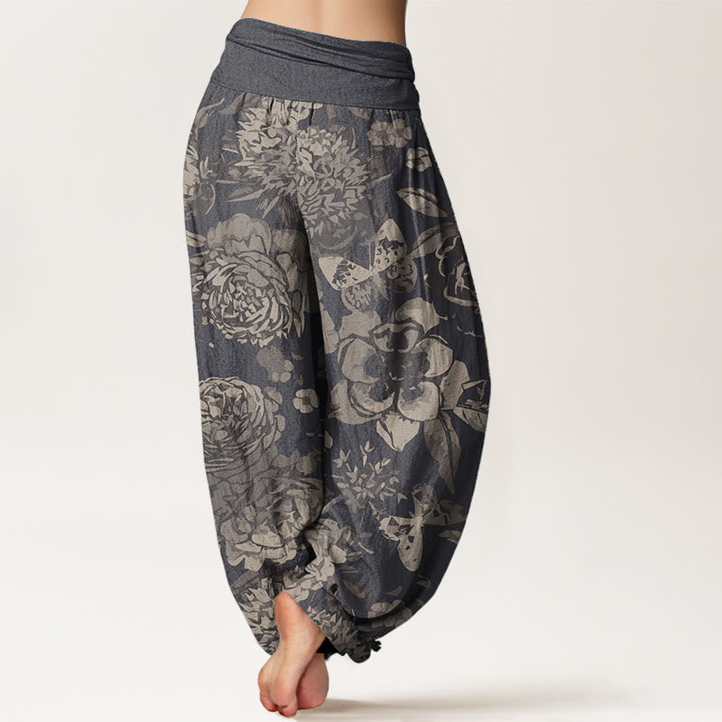 Pantalones Buddha Stones de algodón puro con estampado de peonías y hojas para mujer, con cintura elástica
