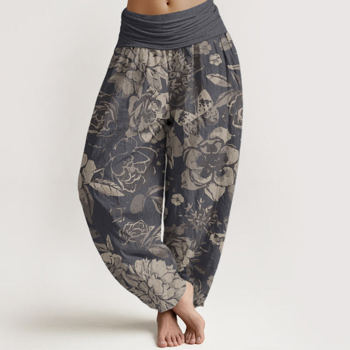 Pantalones Buddha Stones de algodón puro con estampado de peonías y hojas para mujer, con cintura elástica