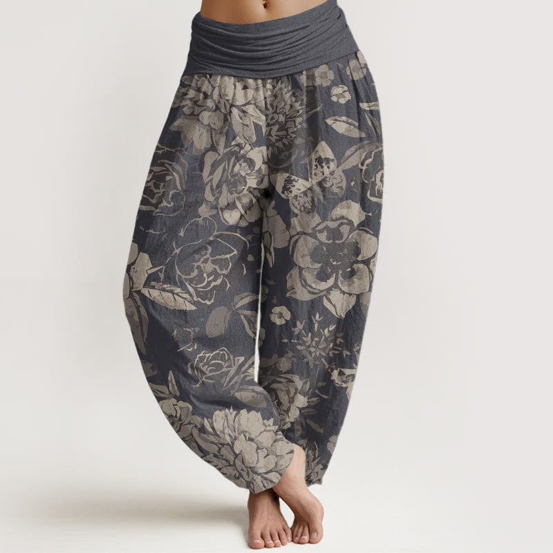 Pantalones Buddha Stones de algodón puro con estampado de peonías y hojas para mujer, con cintura elástica - Gris oscuro - US22，UK/AU26，EU54 (6XL) - image 0