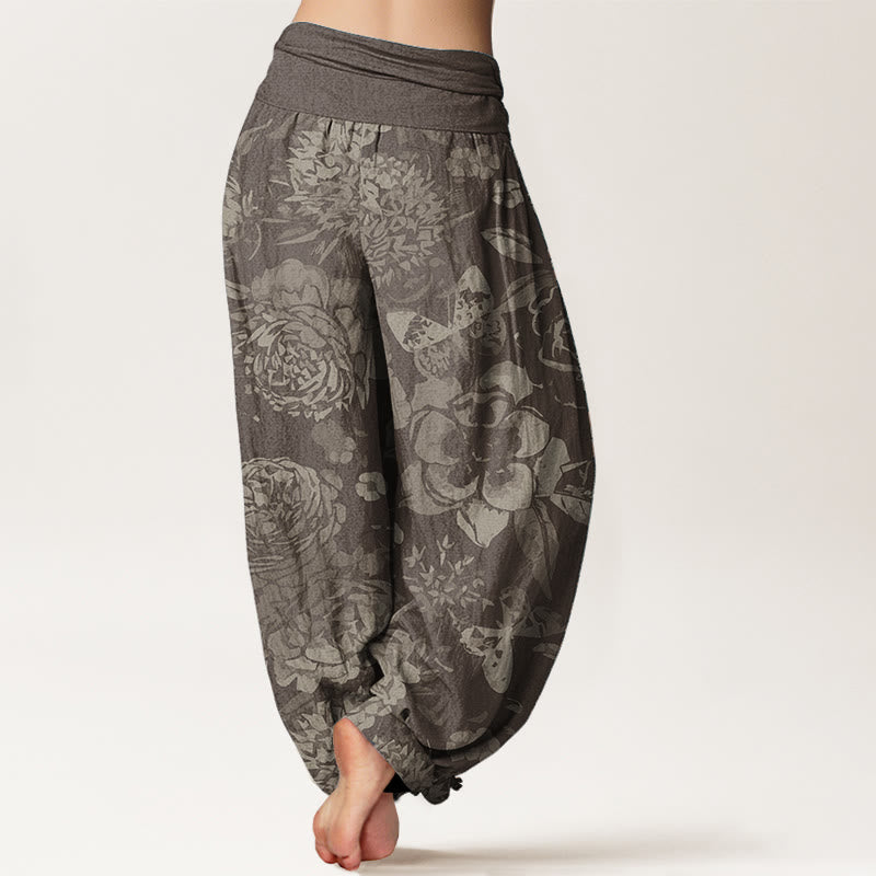 Pantalones Buddha Stones de algodón puro con estampado de peonías y hojas para mujer, con cintura elástica