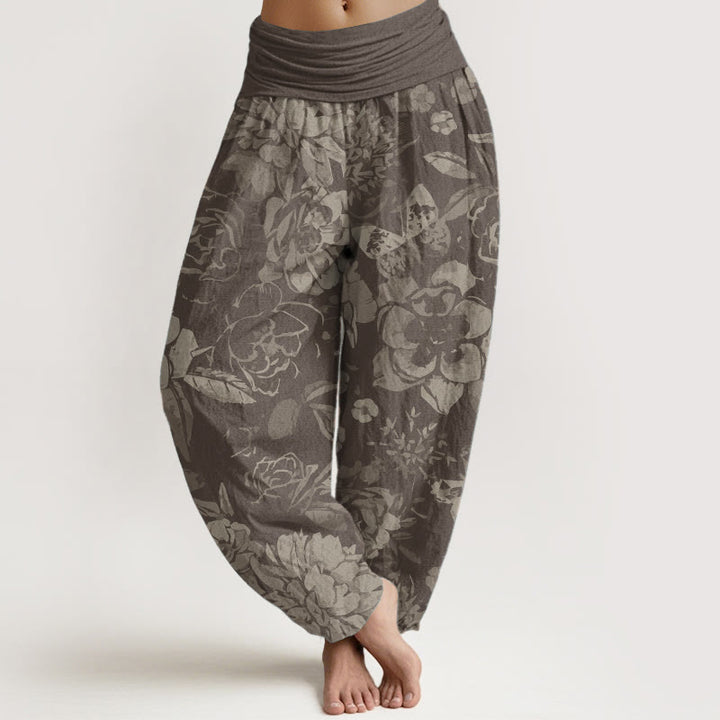 Pantalones Buddha Stones de algodón puro con estampado de peonías y hojas para mujer, con cintura elástica