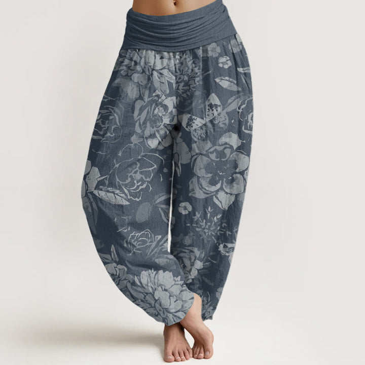 Pantalones Buddha Stones de algodón puro con estampado de peonías y hojas para mujer, con cintura elástica