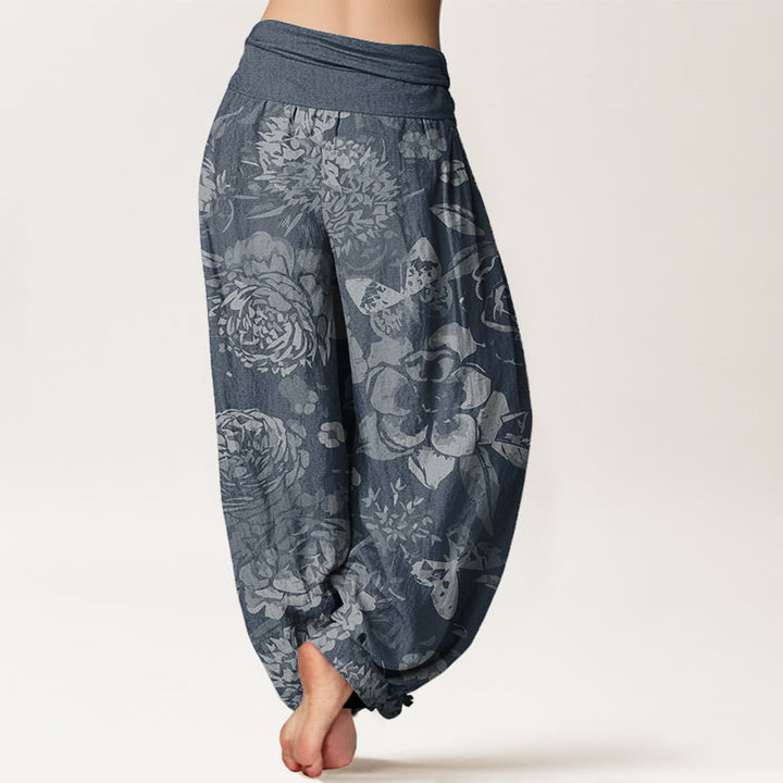 Pantalones Buddha Stones de algodón puro con estampado de peonías y hojas para mujer, con cintura elástica