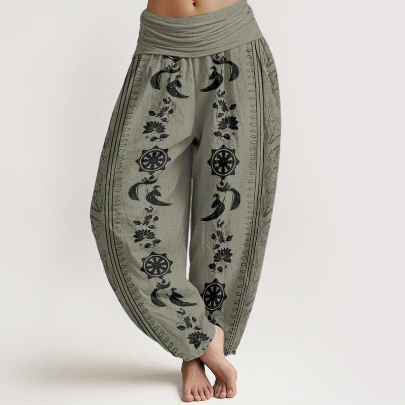 Pantalones Buddha Stones de algodón puro con diseño de rueda del Dharma y loto OM para mujer, con cintura elástica