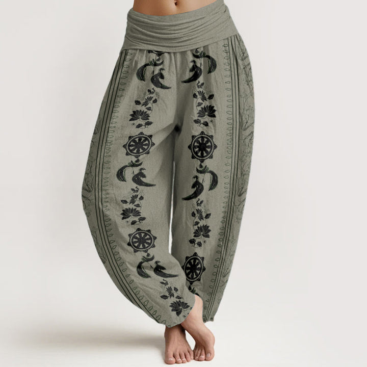 Pantalones Buddha Stones de algodón puro con diseño de rueda del Dharma y loto OM para mujer, con cintura elástica
