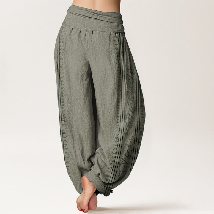 Pantalones Buddha Stones de algodón puro con diseño de rueda del Dharma y loto OM para mujer, con cintura elástica