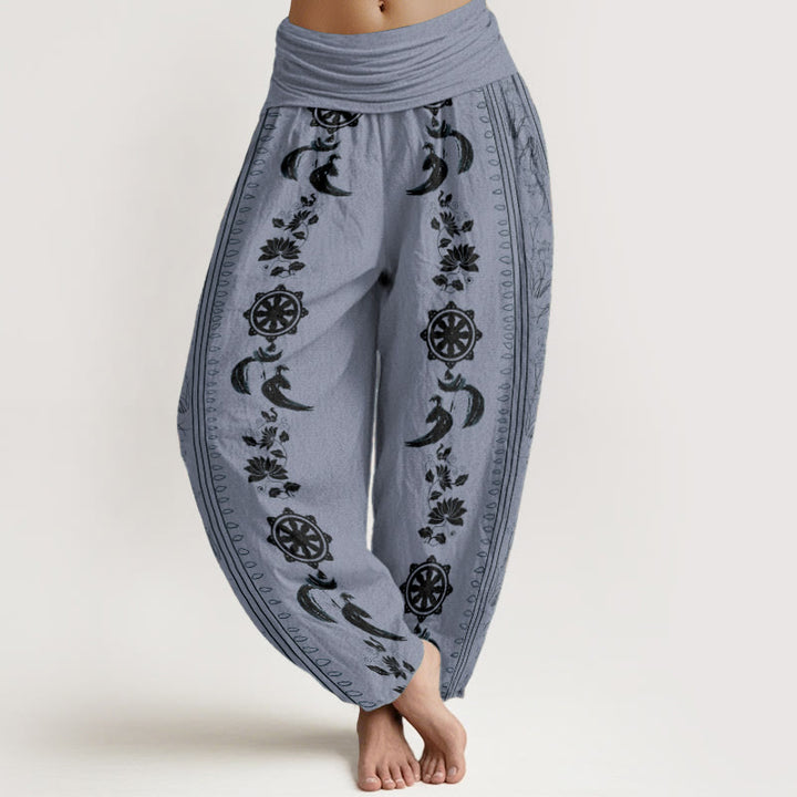 Pantalones Buddha Stones de algodón puro con diseño de rueda del Dharma y loto OM para mujer, con cintura elástica