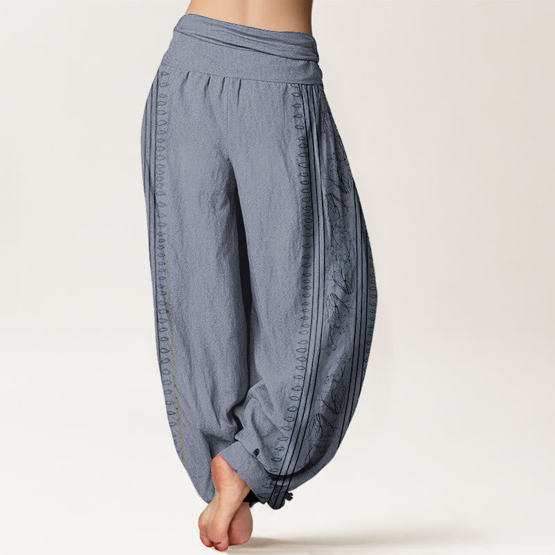 Pantalones Buddha Stones de algodón puro con diseño de rueda del Dharma y loto OM para mujer, con cintura elástica