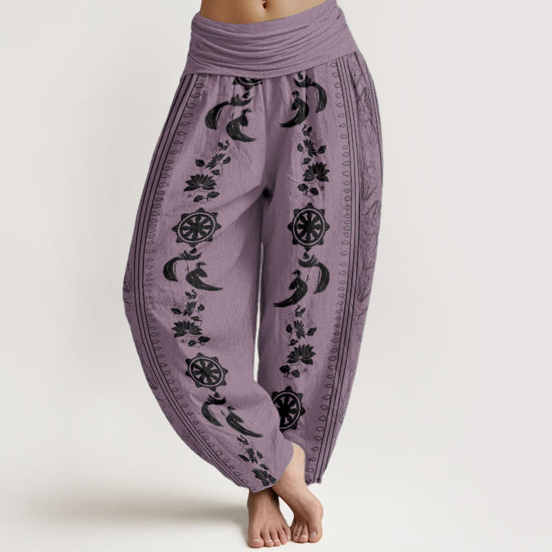 Pantalones Buddha Stones de algodón puro con diseño de rueda del Dharma y loto OM para mujer, con cintura elástica
