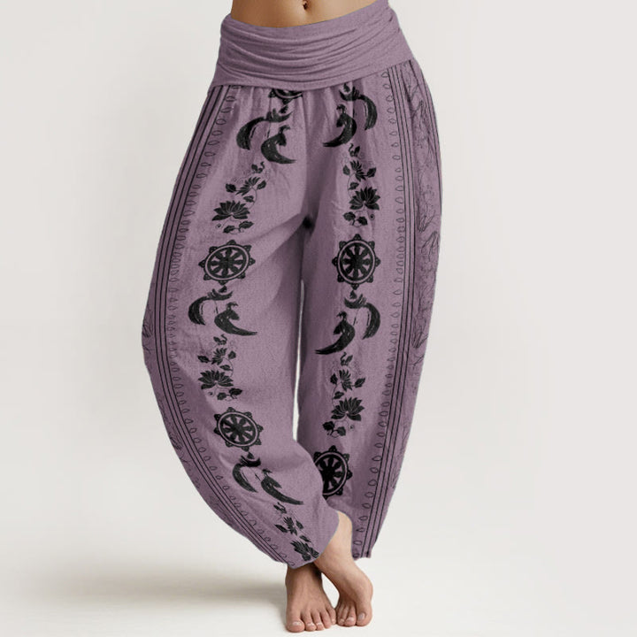 Pantalones Buddha Stones de algodón puro con diseño de rueda del Dharma y loto OM para mujer, con cintura elástica
