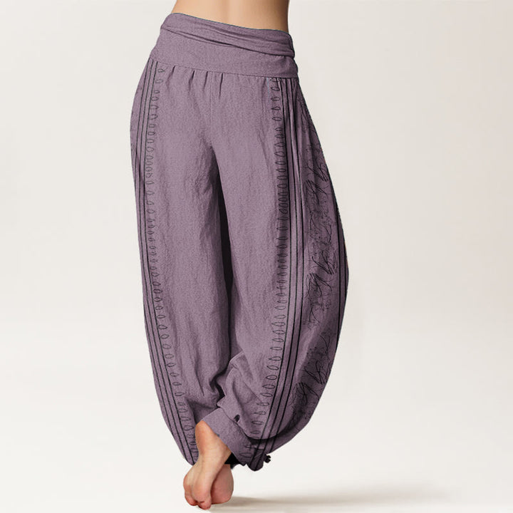 Pantalones Buddha Stones de algodón puro con diseño de rueda del Dharma y loto OM para mujer, con cintura elástica