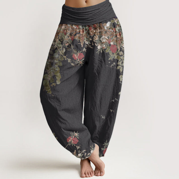 Pantalones Buddha Stones de algodón puro con diseño de peonías rojas y cintura elástica para mujer - Negro - US22，UK/AU26，EU54 (6XL) - image 0