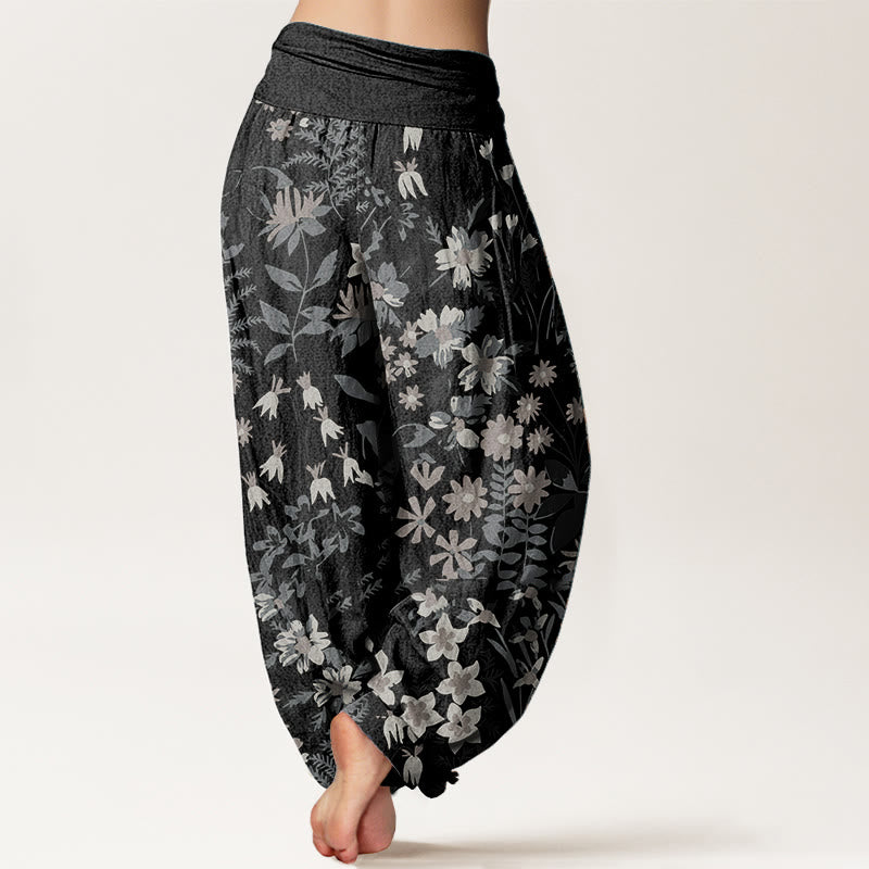 Buddha Stones harén de algodón puro con diseño de margaritas y hojas para mujer, con cintura elástica