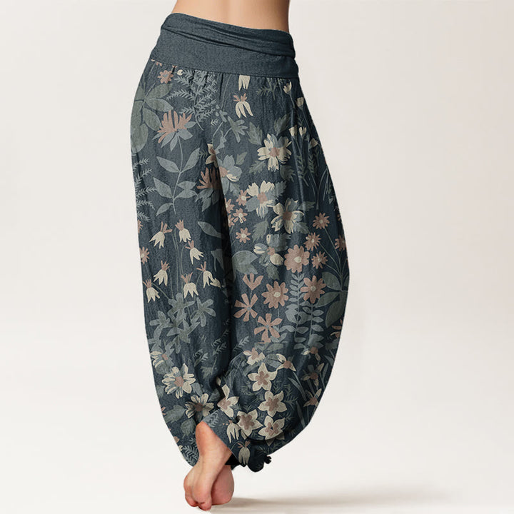 Buddha Stones harén de algodón puro con diseño de margaritas y hojas para mujer, con cintura elástica