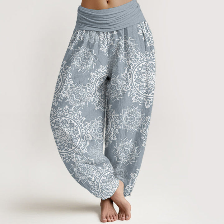 Pantalones harén de algodón puro con diseño de mandala blanco y flores de Buddha Stones para mujer, cintura elástica