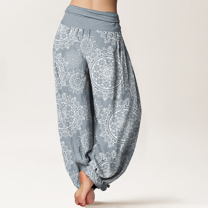 Pantalones harén de algodón puro con diseño de mandala blanco y flores de Buddha Stones para mujer, cintura elástica