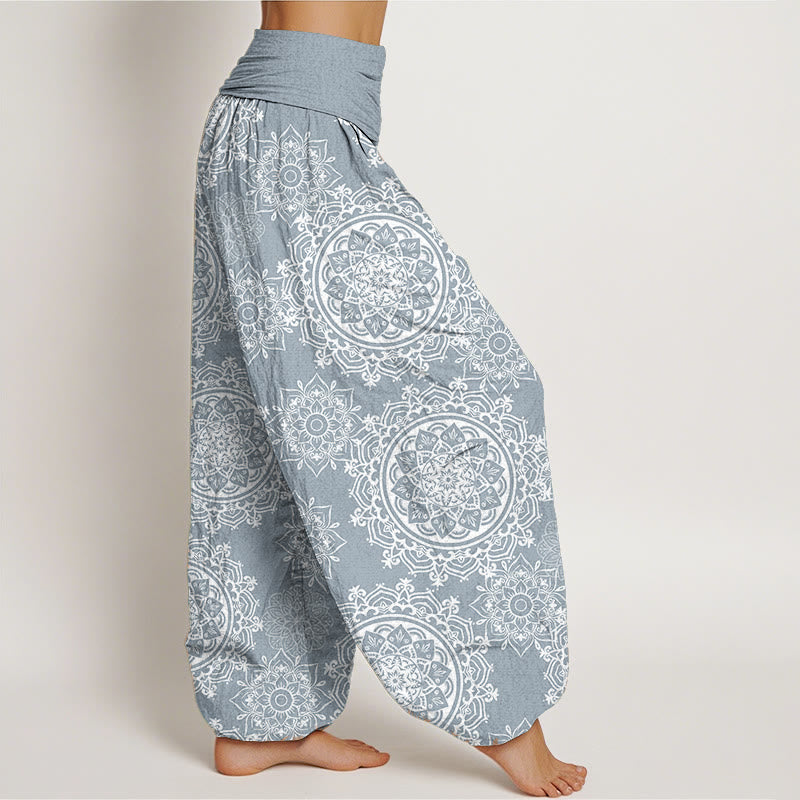 Pantalones harén de algodón puro con diseño de mandala blanco y flores de Buddha Stones para mujer, cintura elástica