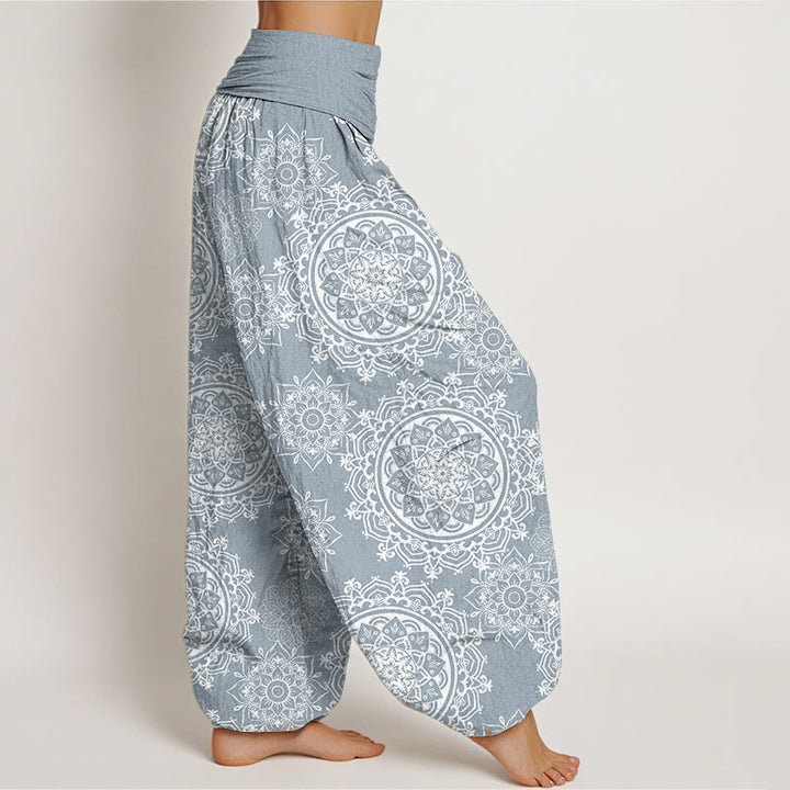 Pantalones harén de algodón puro con diseño de mandala blanco y flores de Buddha Stones para mujer, cintura elástica