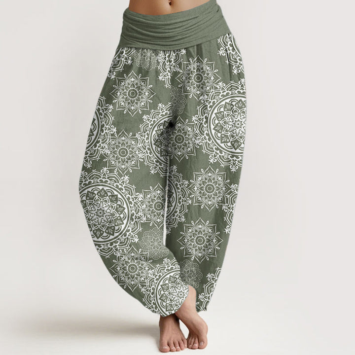 Pantalones harén de algodón puro con diseño de mandala blanco y flores de Buddha Stones para mujer, cintura elástica