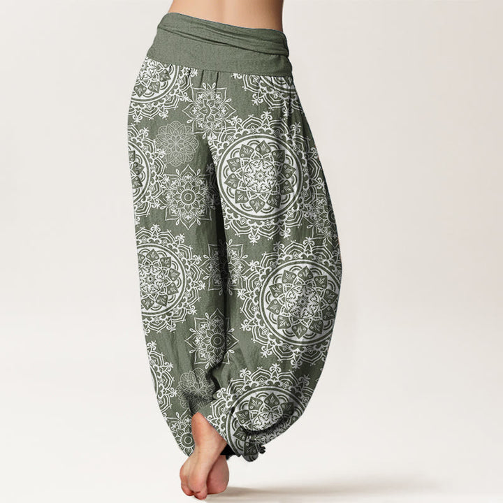 Pantalones harén de algodón puro con diseño de mandala blanco y flores de Buddha Stones para mujer, cintura elástica