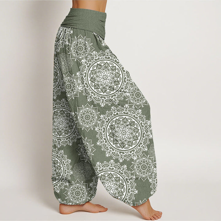 Pantalones harén de algodón puro con diseño de mandala blanco y flores de Buddha Stones para mujer, cintura elástica