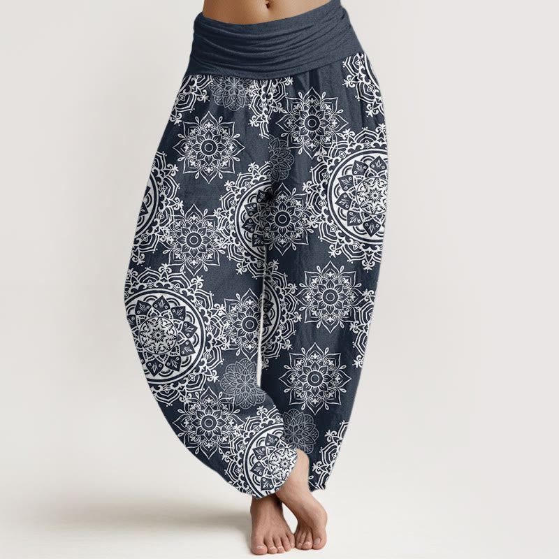 Pantalones harén de algodón puro con diseño de mandala blanco y flores de Buddha Stones para mujer, cintura elástica