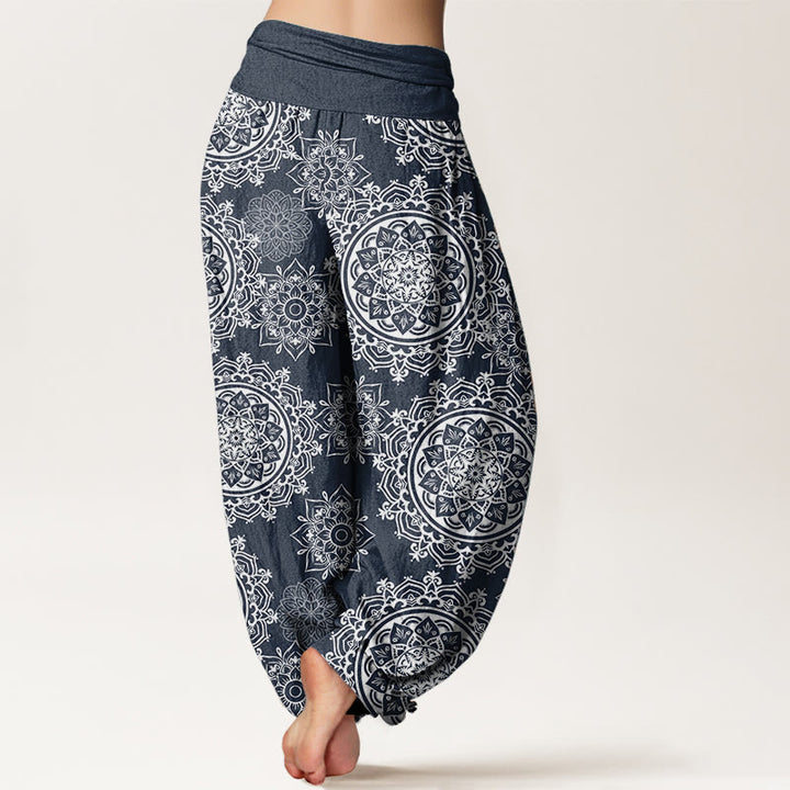 Pantalones harén de algodón puro con diseño de mandala blanco y flores de Buddha Stones para mujer, cintura elástica