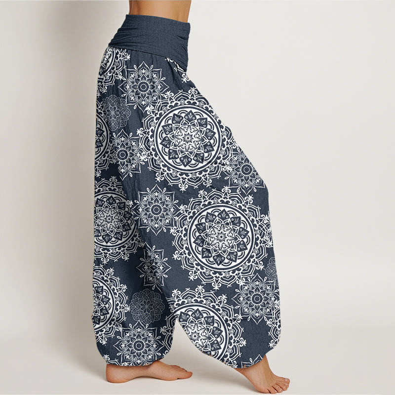 Pantalones harén de algodón puro con diseño de mandala blanco y flores de Buddha Stones para mujer, cintura elástica