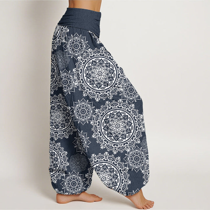 Pantalones harén de algodón puro con diseño de mandala blanco y flores de Buddha Stones para mujer, cintura elástica