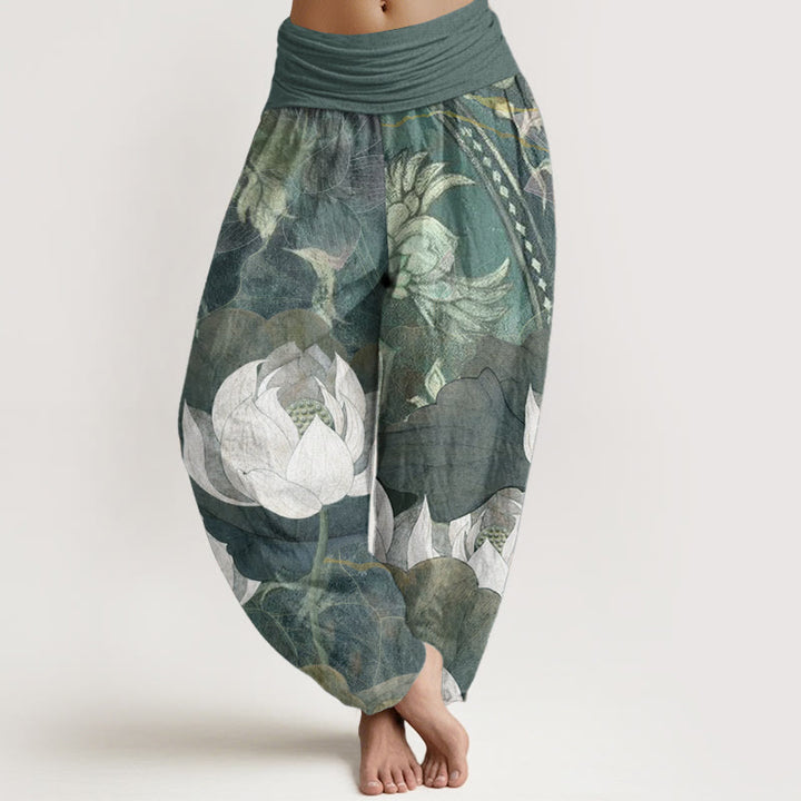 Pantalones harén informales de algodón puro con estampado de Buddha Stones para mujer, con cintura elástica - Verde mar oscuro - US22，UK/AU26，EU54 (6XL) - image 0
