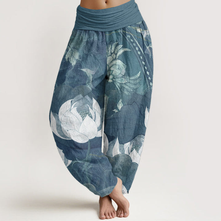 Pantalones harén informales de algodón puro con estampado de Buddha Stones para mujer, con cintura elástica