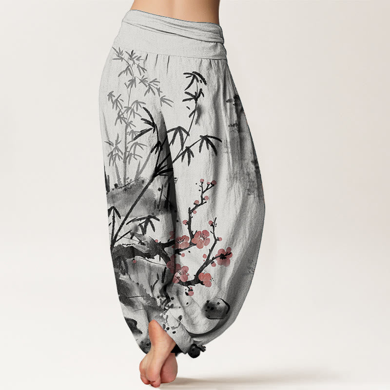Pantalones harén de cintura elástica para mujer, con estampado de orquídeas, crisantemos, flores de ciruelo y algodón puro de Buddha Stones