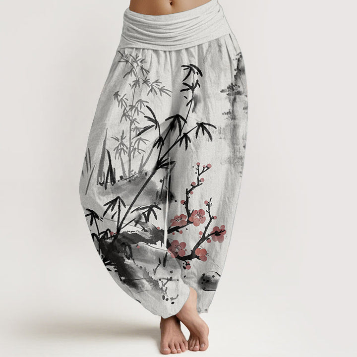 Pantalones harén de cintura elástica para mujer, con estampado de orquídeas, crisantemos, flores de ciruelo y algodón puro de Buddha Stones