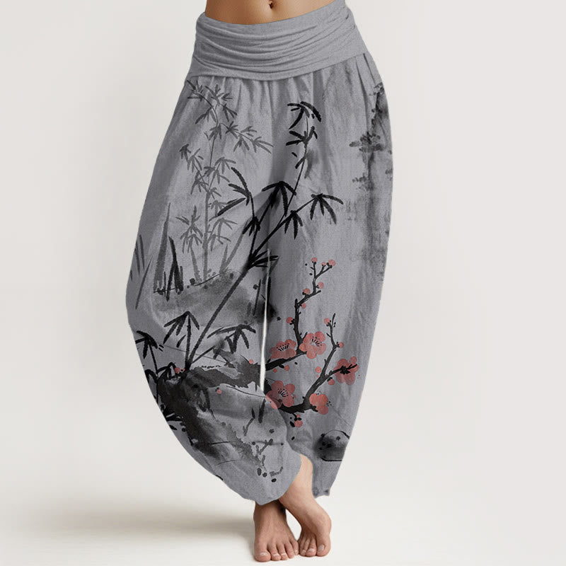 Pantalones harén de cintura elástica para mujer, con estampado de orquídeas, crisantemos, flores de ciruelo y algodón puro de Buddha Stones