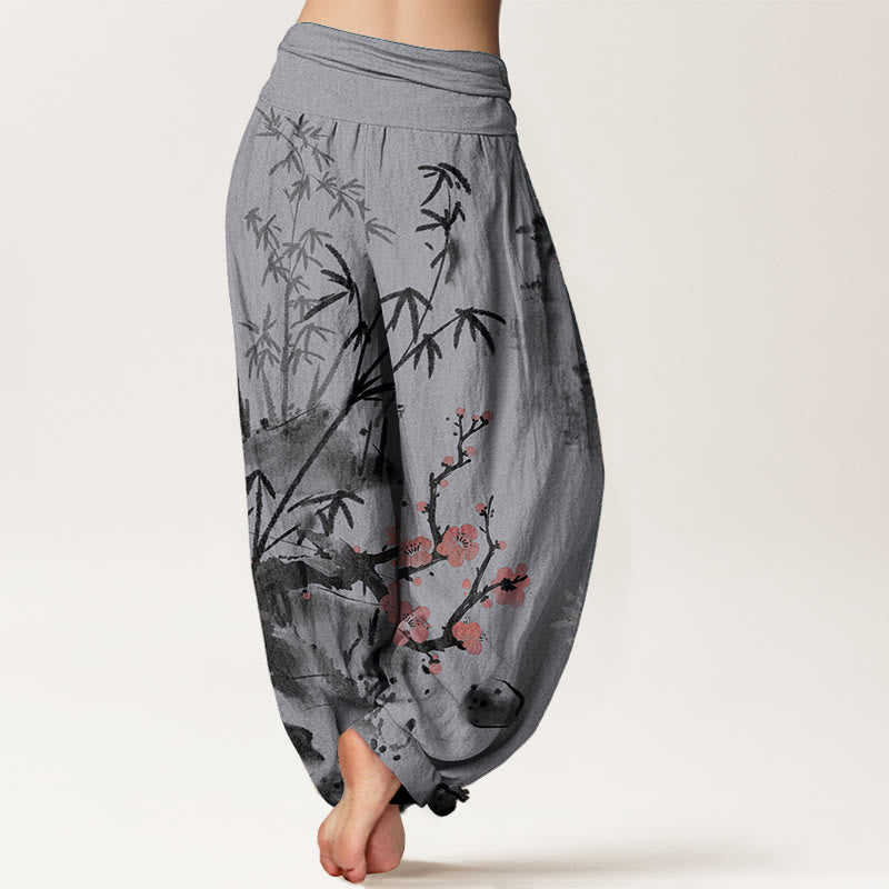 Pantalones harén de cintura elástica para mujer, con estampado de orquídeas, crisantemos, flores de ciruelo y algodón puro de Buddha Stones