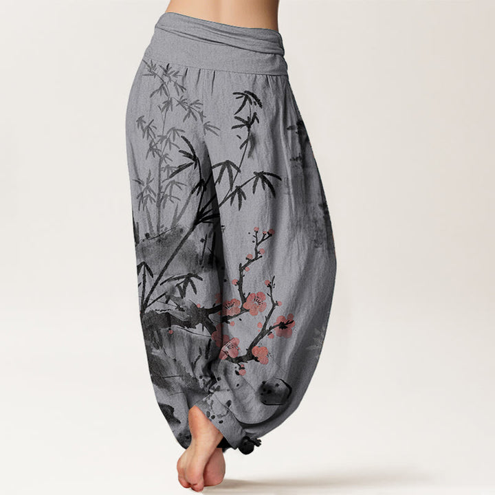 Pantalones harén de cintura elástica para mujer, con estampado de orquídeas, crisantemos, flores de ciruelo y algodón puro de Buddha Stones