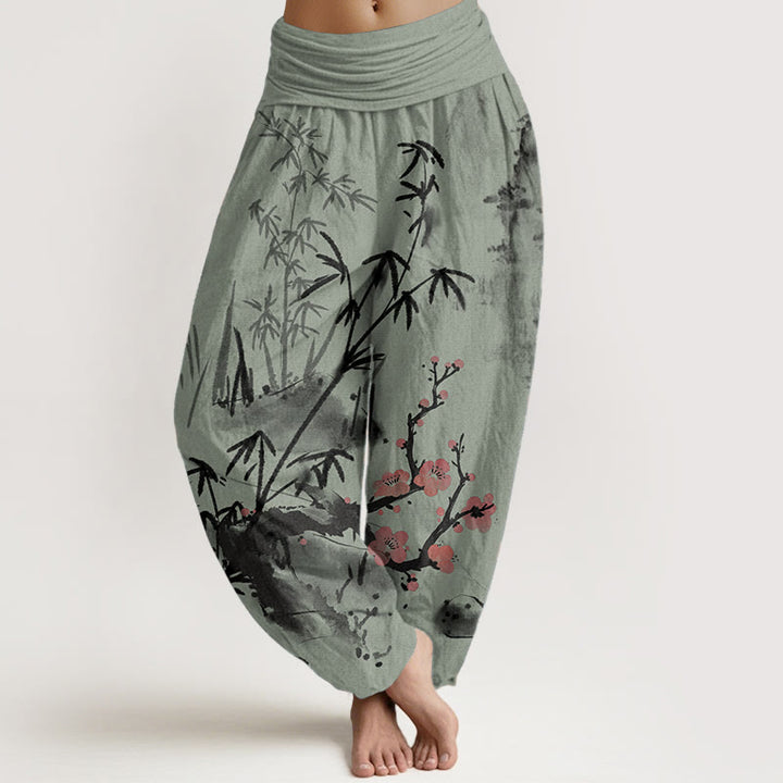 Pantalones harén de cintura elástica para mujer, con estampado de orquídeas, crisantemos, flores de ciruelo y algodón puro de Buddha Stones