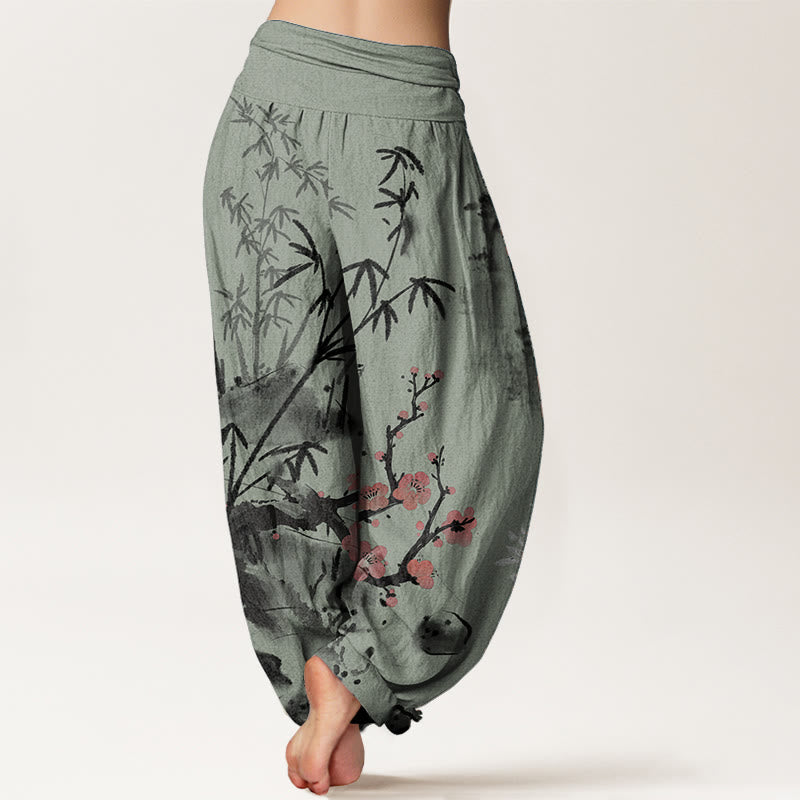 Pantalones harén de cintura elástica para mujer, con estampado de orquídeas, crisantemos, flores de ciruelo y algodón puro de Buddha Stones - image 6