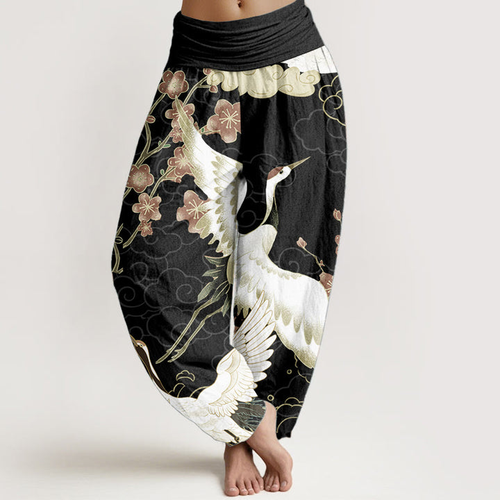 Pantalones Buddha Stones de algodón puro con diseño de grullas, flores y nubes auspiciosas para mujer, con cintura elástica